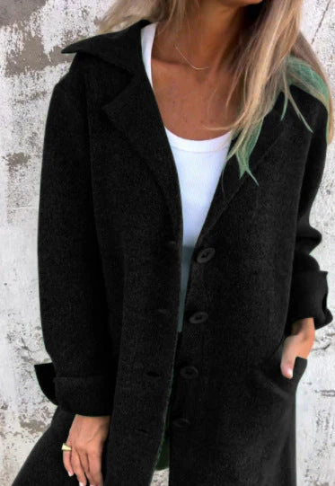 Women's Mid-Length Coat – Relaxed Fit – Wool Look – Notched Lapel – Single Row Button Closure - Image 4