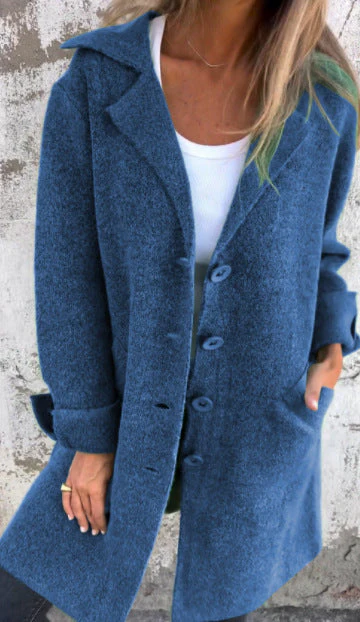 Women's Mid-Length Coat – Relaxed Fit – Wool Look – Notched Lapel – Single Row Button Closure - Image 5