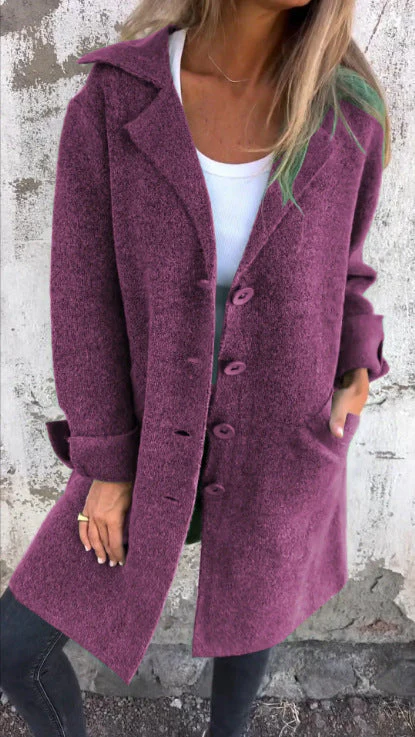 Women's Mid-Length Coat – Relaxed Fit – Wool Look – Notched Lapel – Single Row Button Closure - Image 6