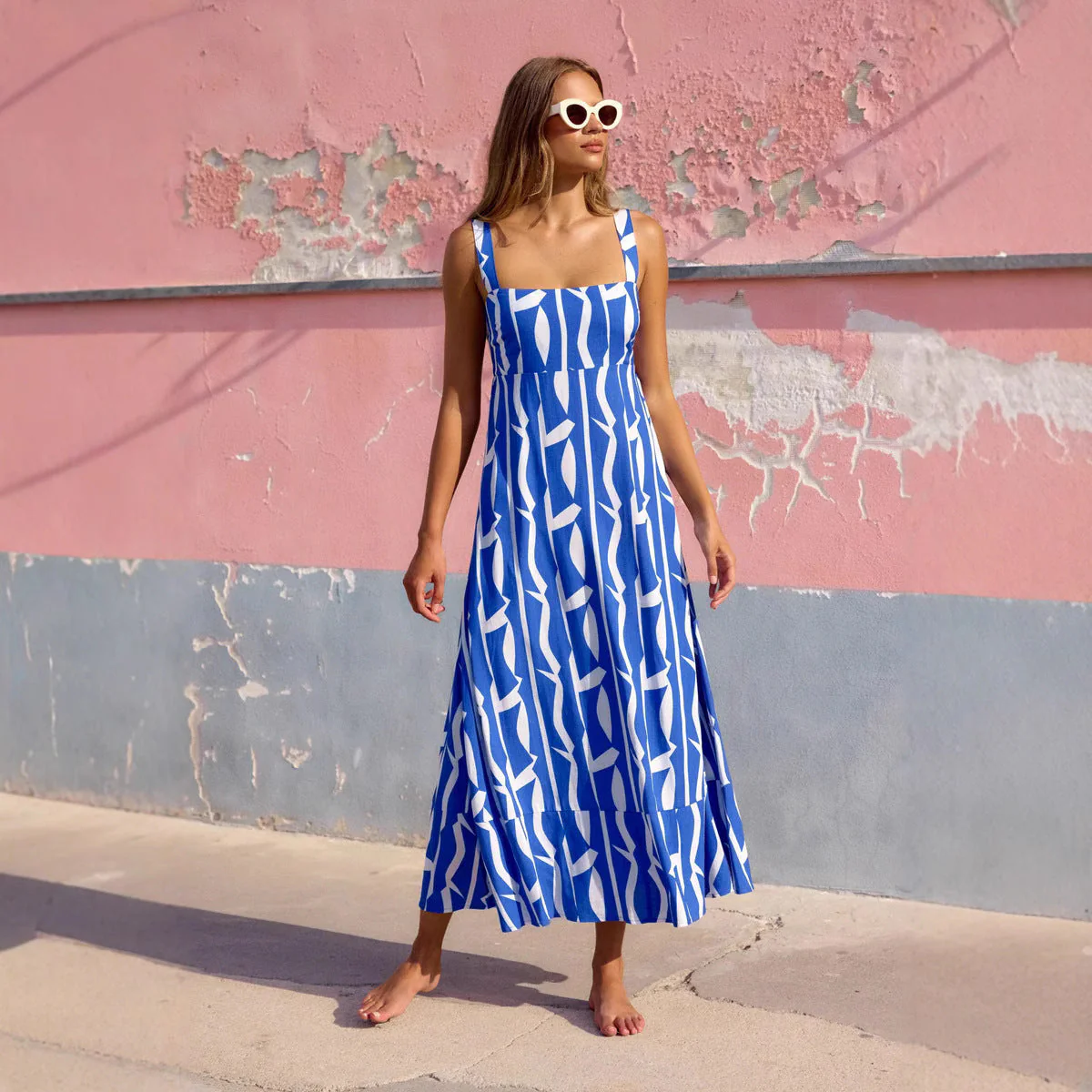 Women's Midi Dress – A-line Fit – Abstract Print – Linen Texture – Fits Loosely - Image 3