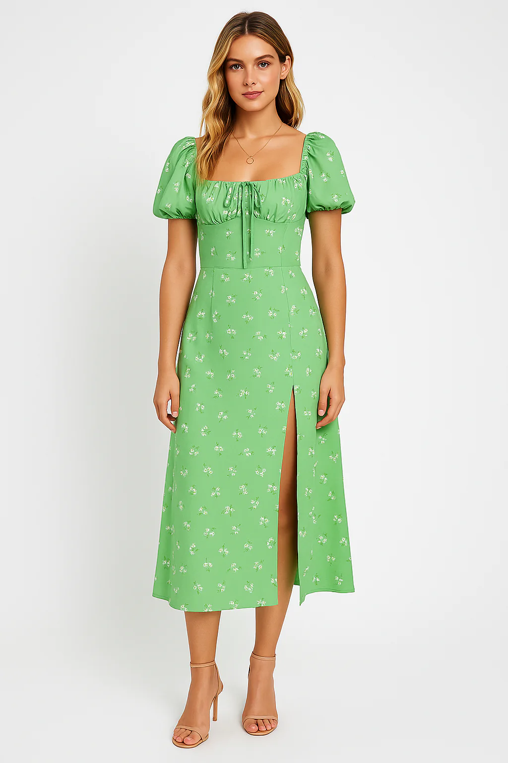 Ladies Midi Dress – A-line Fit – Floral Print – Bow Detail – Puff Sleeves – Front Split - Image 11