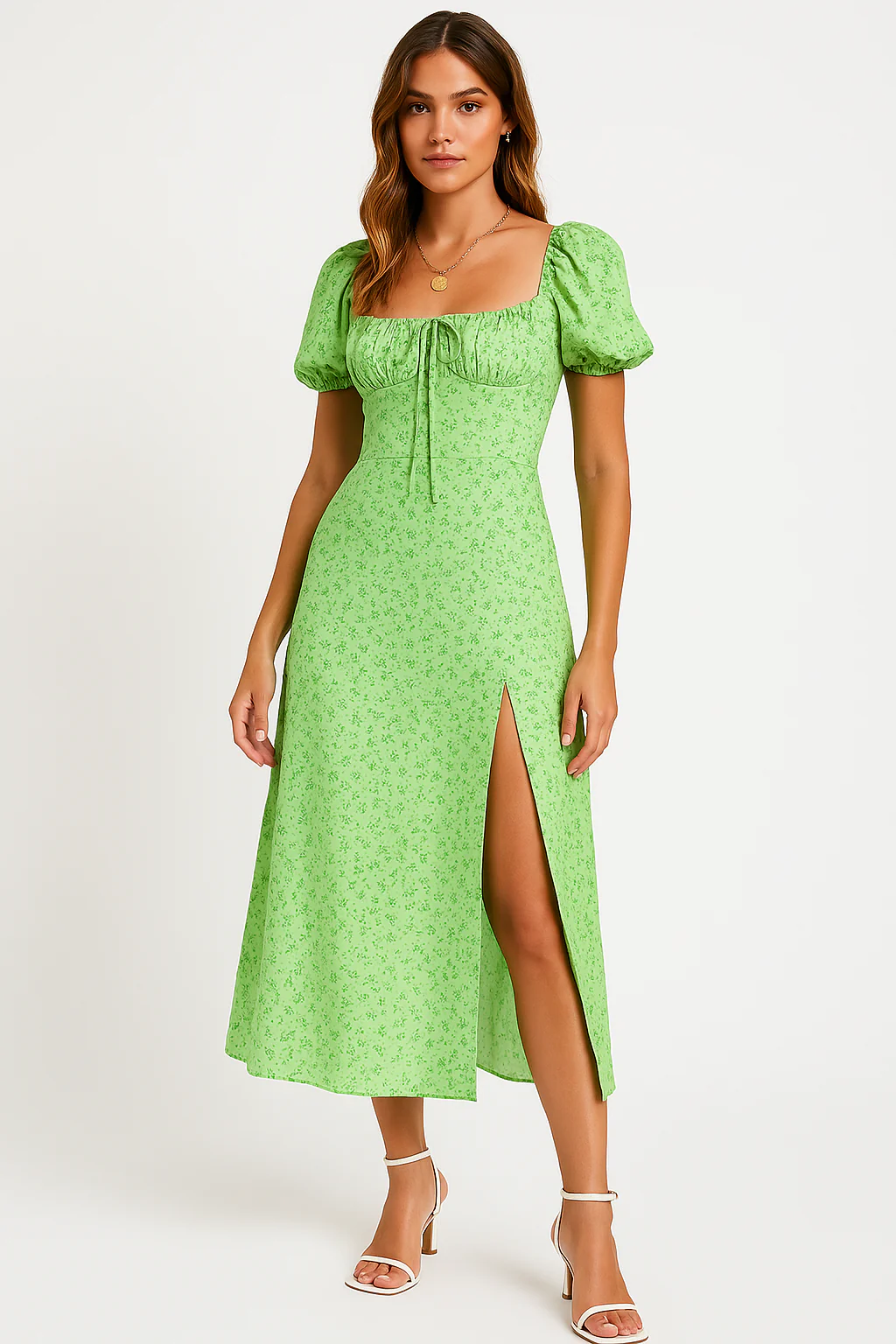 Ladies Midi Dress – A-line Fit – Floral Print – Bow Detail – Puff Sleeves – Front Split - Image 12