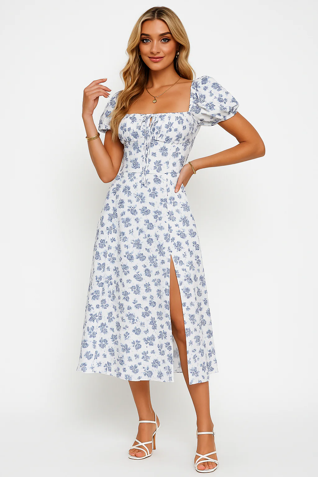 Ladies Midi Dress – A-line Fit – Floral Print – Bow Detail – Puff Sleeves – Front Split - Image 13