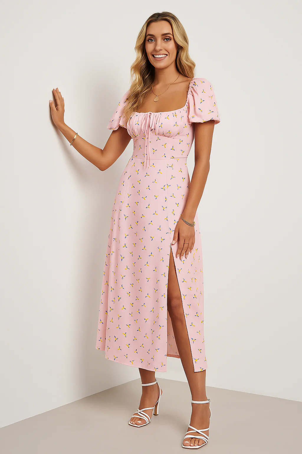 Ladies Midi Dress – A-line Fit – Floral Print – Bow Detail – Puff Sleeves – Front Split - Image 14