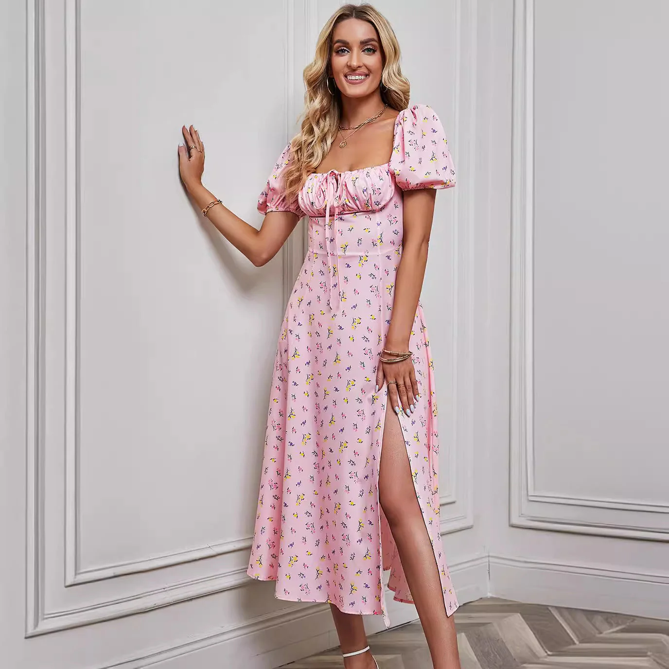 Ladies Midi Dress – A-line Fit – Floral Print – Bow Detail – Puff Sleeves – Front Split - Image 2