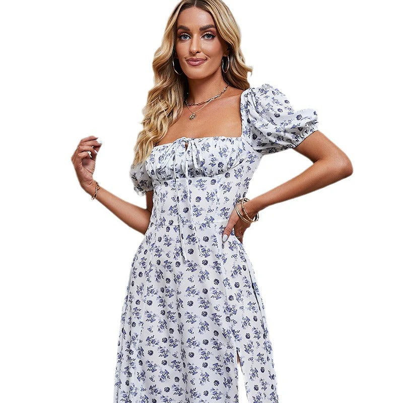 Ladies Midi Dress – A-line Fit – Floral Print – Bow Detail – Puff Sleeves – Front Split - Image 4