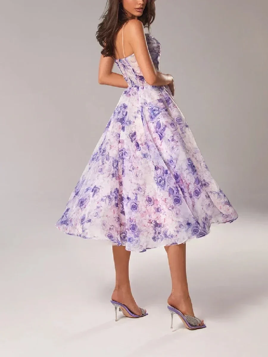 Women's midi-dress – A-line fit – Chiffon look – Spaghetti straps – Floral print - Image 2