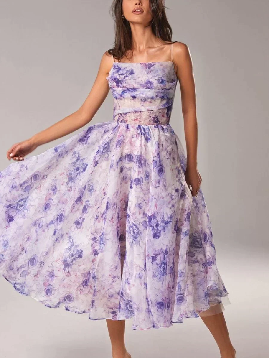 Women's midi-dress – A-line fit – Chiffon look – Spaghetti straps – Floral print - Image 3