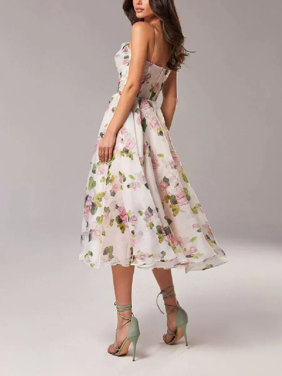 Women's midi-dress – A-line fit – Chiffon look – Spaghetti straps – Floral print - Image 4