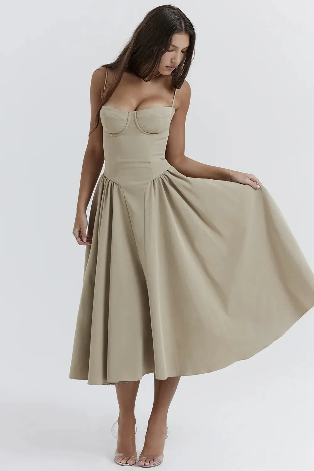 Women's Midi Dress – A-line Fit – Corset Top – Spaghetti Straps – Airy Fabric - Image 10