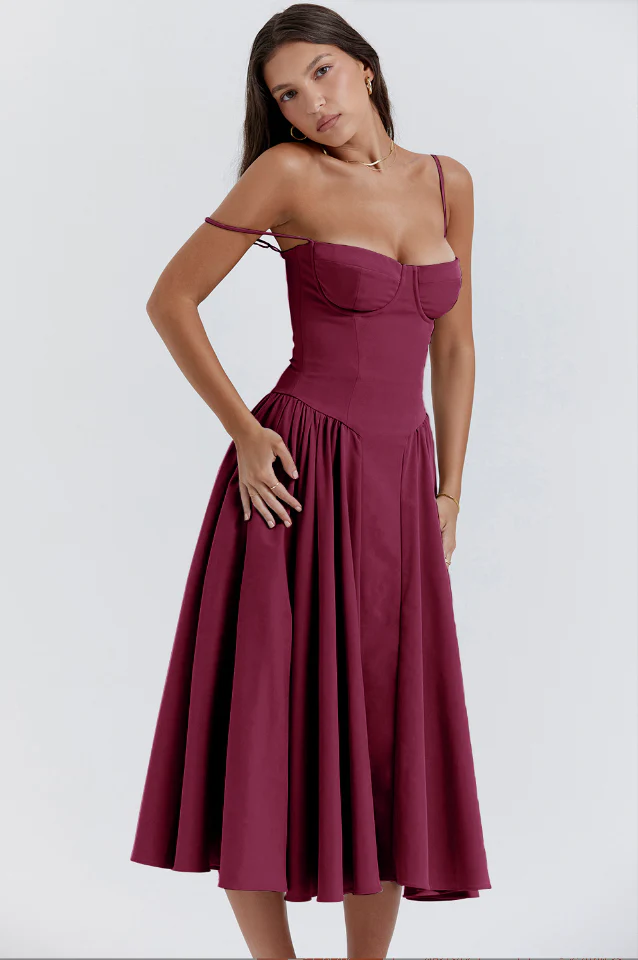 Women's Midi Dress – A-line Fit – Corset Top – Spaghetti Straps – Airy Fabric - Image 9