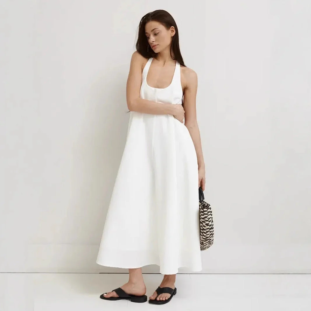 Women's Midi Dress – A-Line Fit – Halter Neck – Sleeveless – Airy Luxury Fabric - Image 2