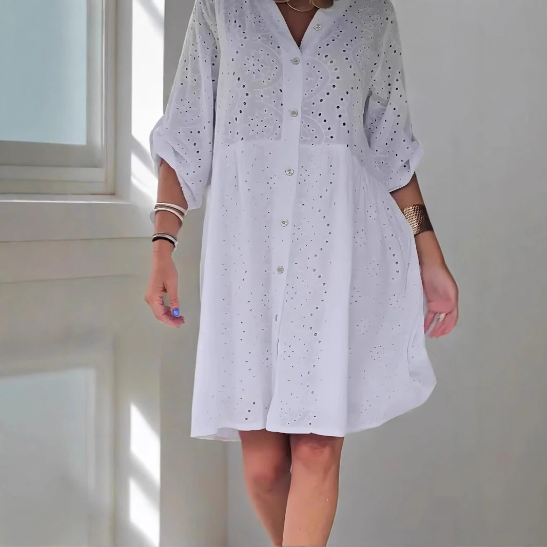 Women's midi dress – A-line fit – Cotton – Embroidered – V-neck with buttons - Image 2