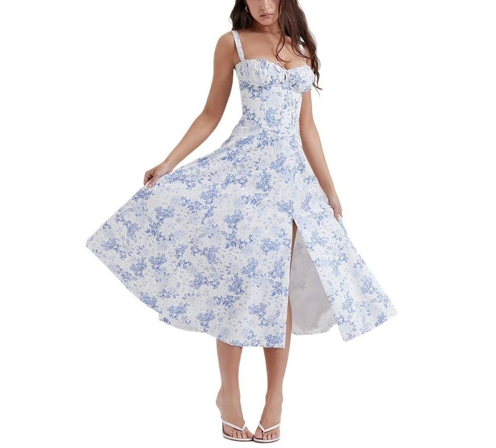 Ladies midi dress – A-line fit – Sleeveless – Floral print – Bow at bustline - Image 13
