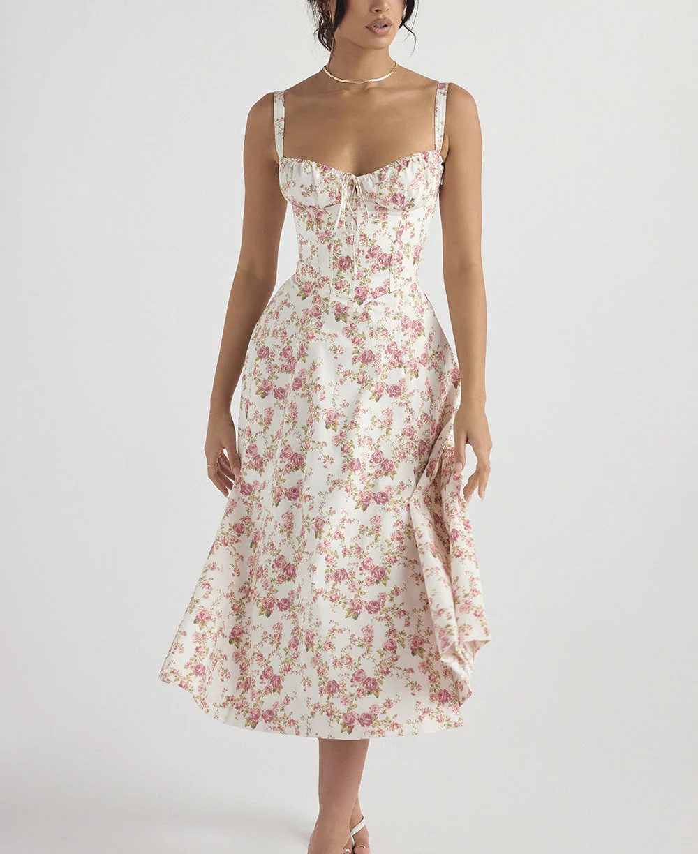 Ladies midi dress – A-line fit – Sleeveless – Floral print – Bow at bustline - Image 14