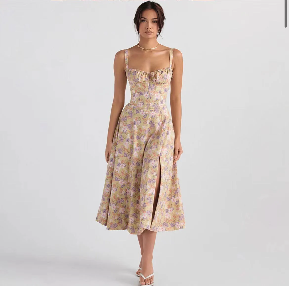 Ladies midi dress – A-line fit – Sleeveless – Floral print – Bow at bustline - Image 7