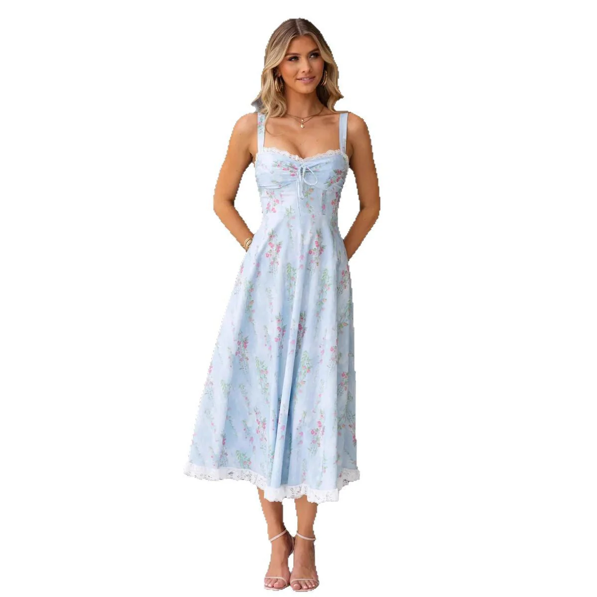 Women's midi dress – A-line fit – Spaghetti straps – Cotton – Floral print with lace - Image 5