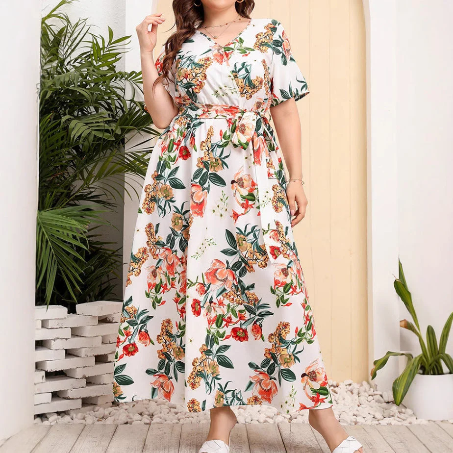Ladies Midi Dress – A-line Fit – V-neck – Short Sleeve – Floral Print – With Belt - Image 2