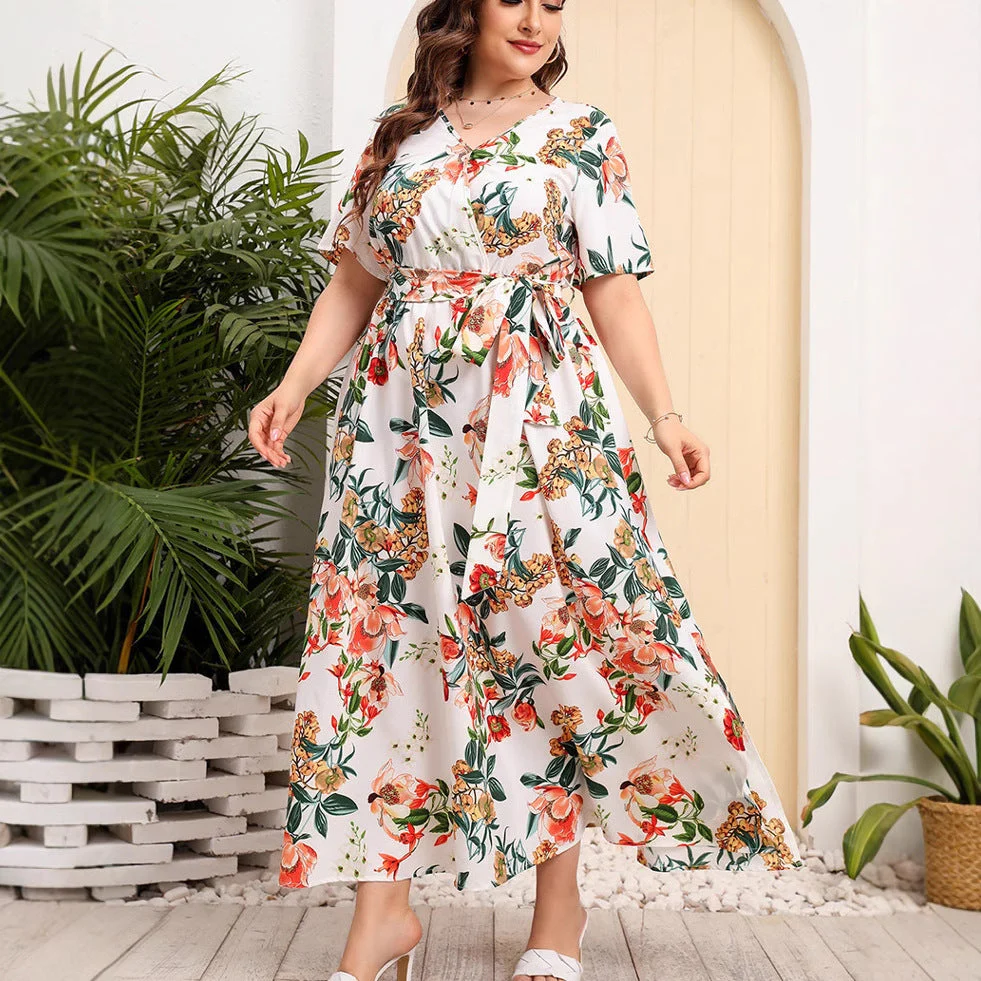 Ladies Midi Dress – A-line Fit – V-neck – Short Sleeve – Floral Print – With Belt - Image 3
