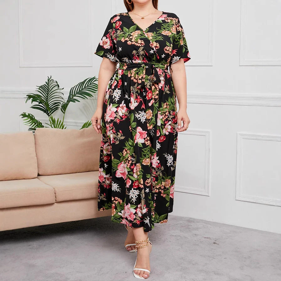 Ladies Midi Dress – A-line Fit – V-neck – Short Sleeve – Floral Print – With Belt - Image 4