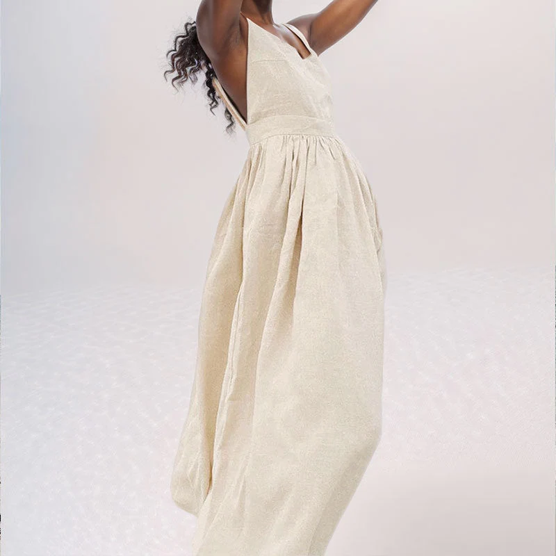 Women's Midi Dress – A-line Fit – V-neck – Open Back – Adjustable Straps – Side Split - Image 3