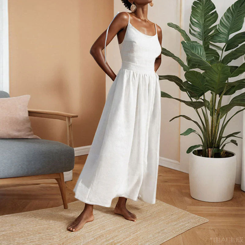 Women's Midi Dress – A-line Fit – V-neck – Open Back – Adjustable Straps – Side Split - Image 5