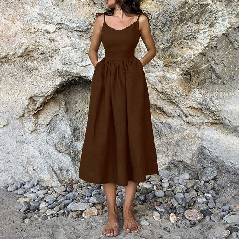 Women's Midi Dress – A-line Fit – V-neck – Open Back – Adjustable Straps – Side Split - Image 6