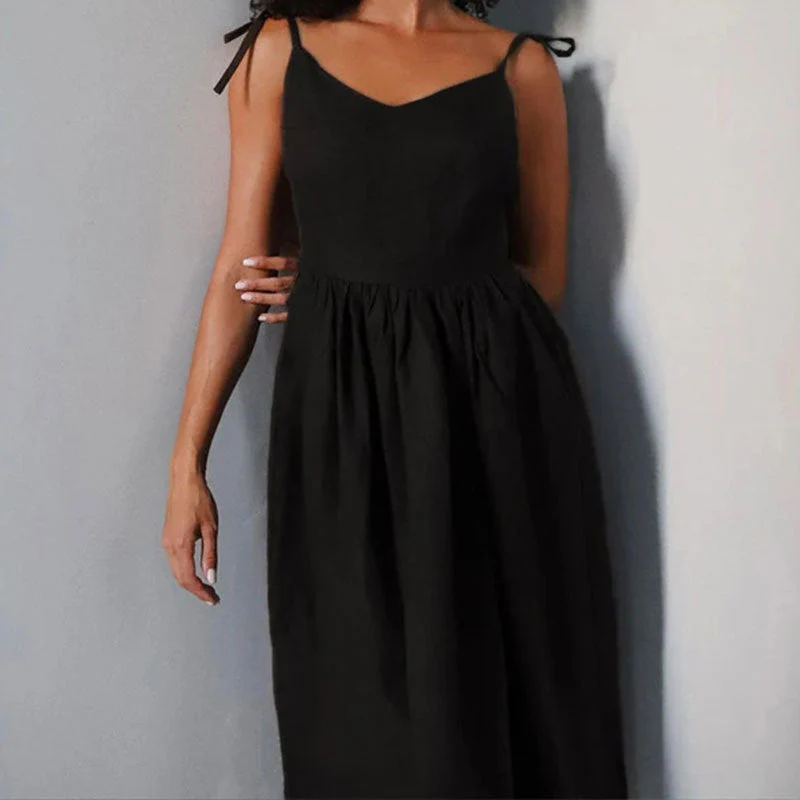Women's Midi Dress – A-line Fit – V-neck – Open Back – Adjustable Straps – Side Split - Image 7