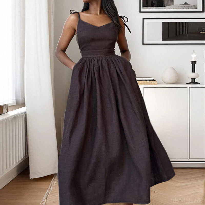 Women's Midi Dress – A-line Fit – V-neck – Open Back – Adjustable Straps – Side Split - Image 8