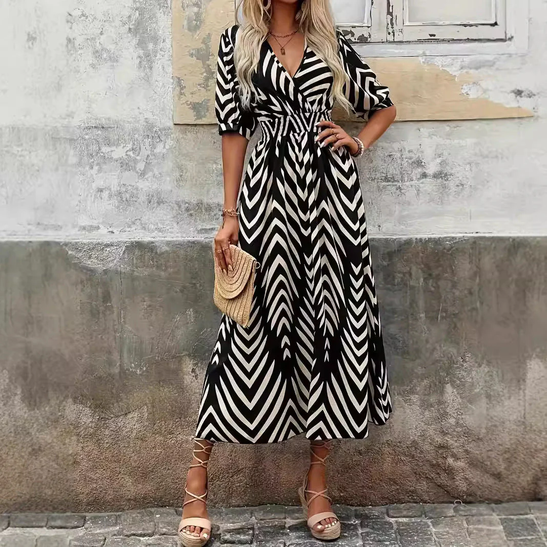 Ladies Midi Dress – A-line Fit – V-neck Wrap – Pleated Sleeves – Belt - Image 2