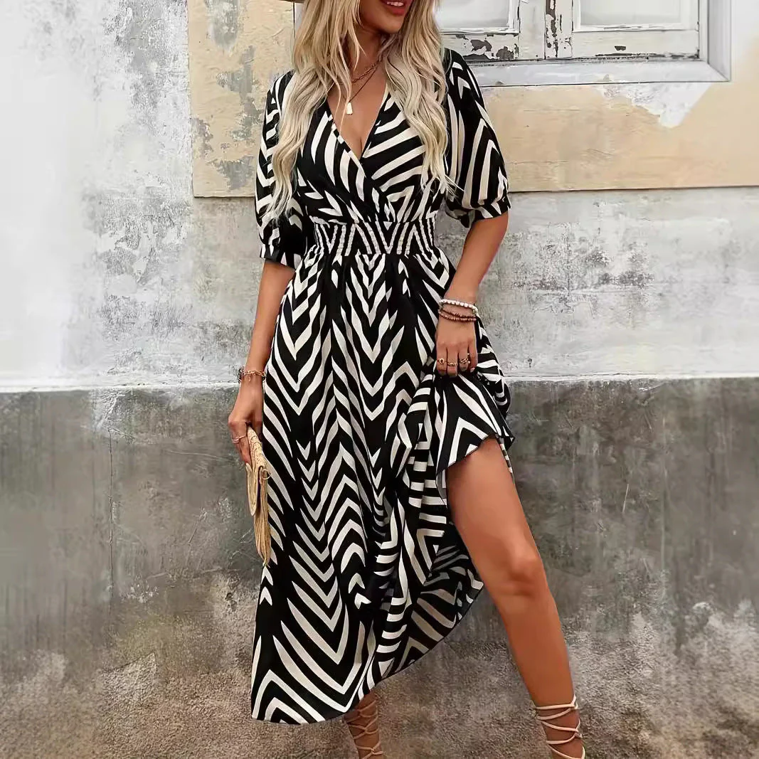 Ladies Midi Dress – A-line Fit – V-neck Wrap – Pleated Sleeves – Belt - Image 3