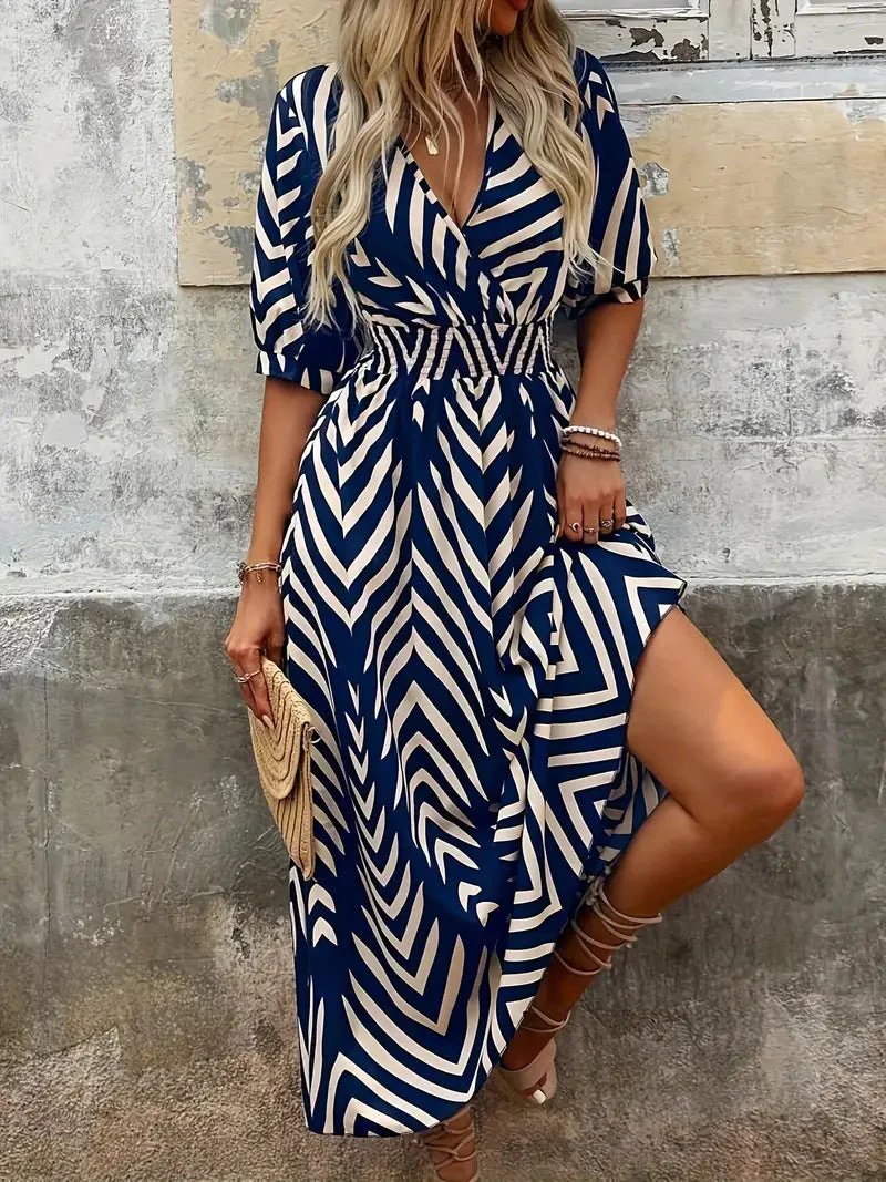 Ladies Midi Dress – A-line Fit – V-neck Wrap – Pleated Sleeves – Belt - Image 5