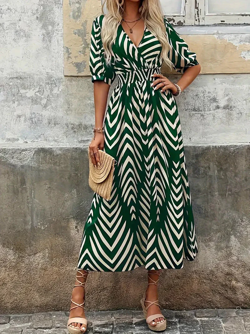 Ladies Midi Dress – A-line Fit – V-neck Wrap – Pleated Sleeves – Belt - Image 6