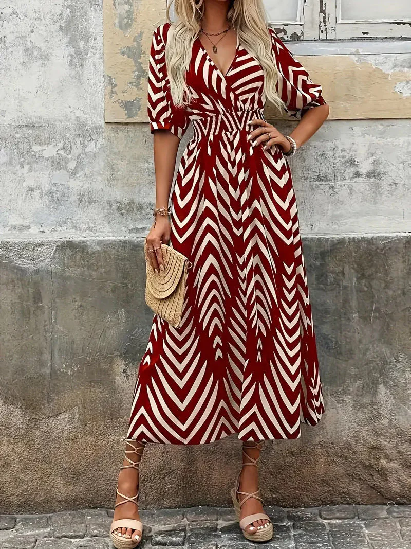 Ladies Midi Dress – A-line Fit – V-neck Wrap – Pleated Sleeves – Belt - Image 7