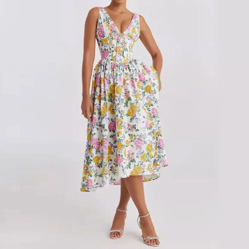 Women's midi dress – A-line fit – V-neck – Spaghetti straps – Cotton look – Floral print - Image 10