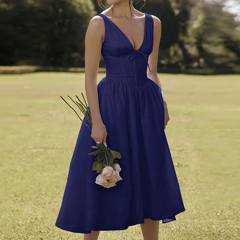 Women's midi dress – A-line fit – V-neck – Spaghetti straps – Cotton look – Floral print - Image 11