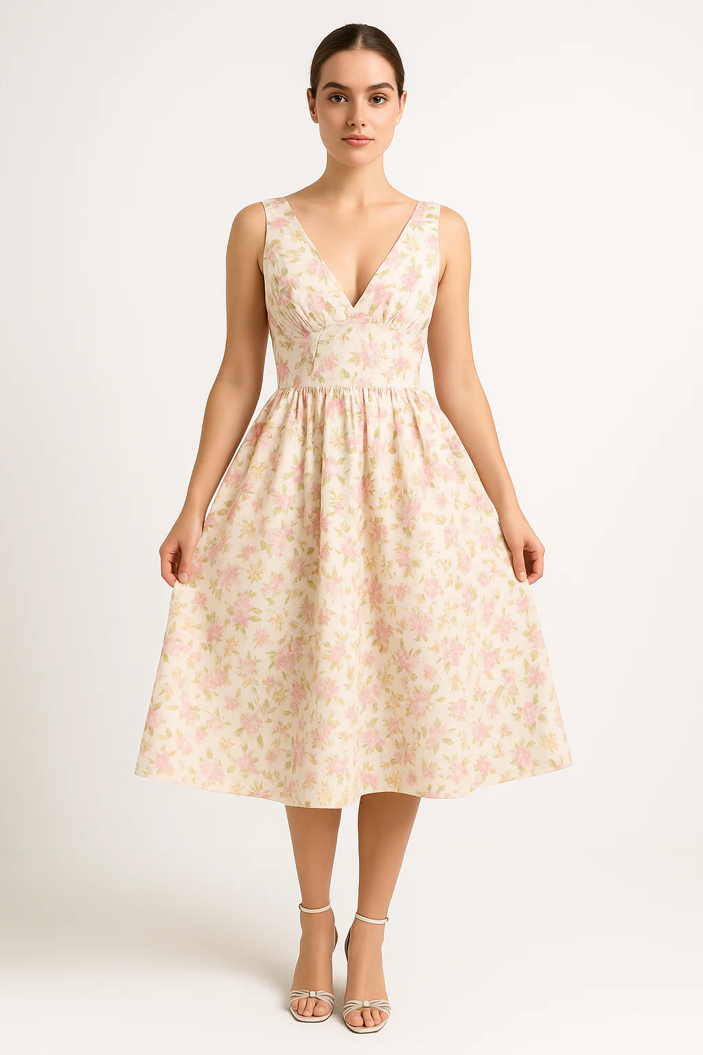 Women's midi dress – A-line fit – V-neck – Spaghetti straps – Cotton look – Floral print - Image 2