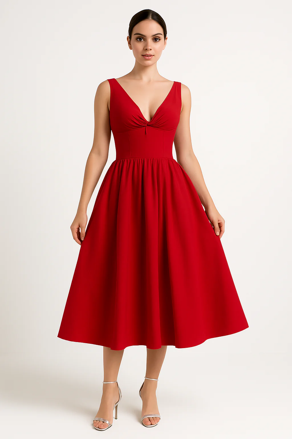 Women's midi dress – A-line fit – V-neck – Spaghetti straps – Cotton look – Floral print - Image 3