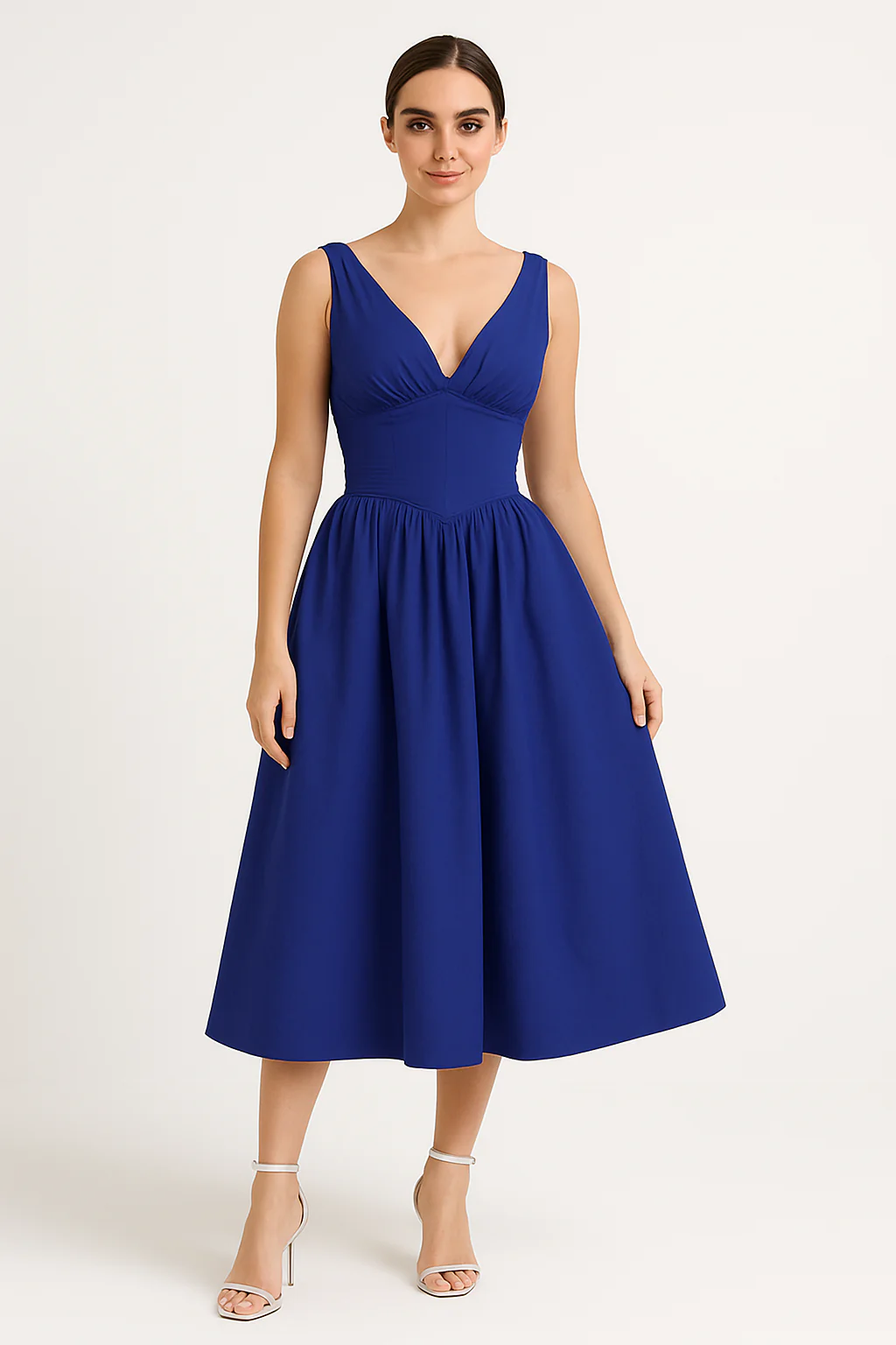 Women's midi dress – A-line fit – V-neck – Spaghetti straps – Cotton look – Floral print - Image 4