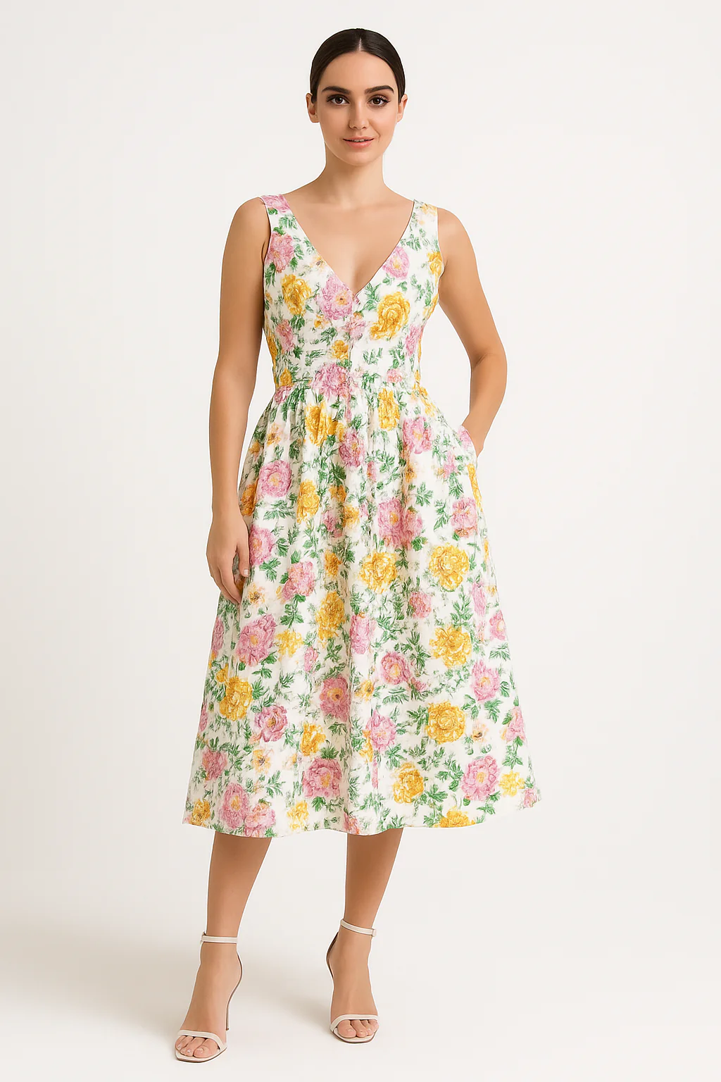Women's midi dress – A-line fit – V-neck – Spaghetti straps – Cotton look – Floral print - Image 5