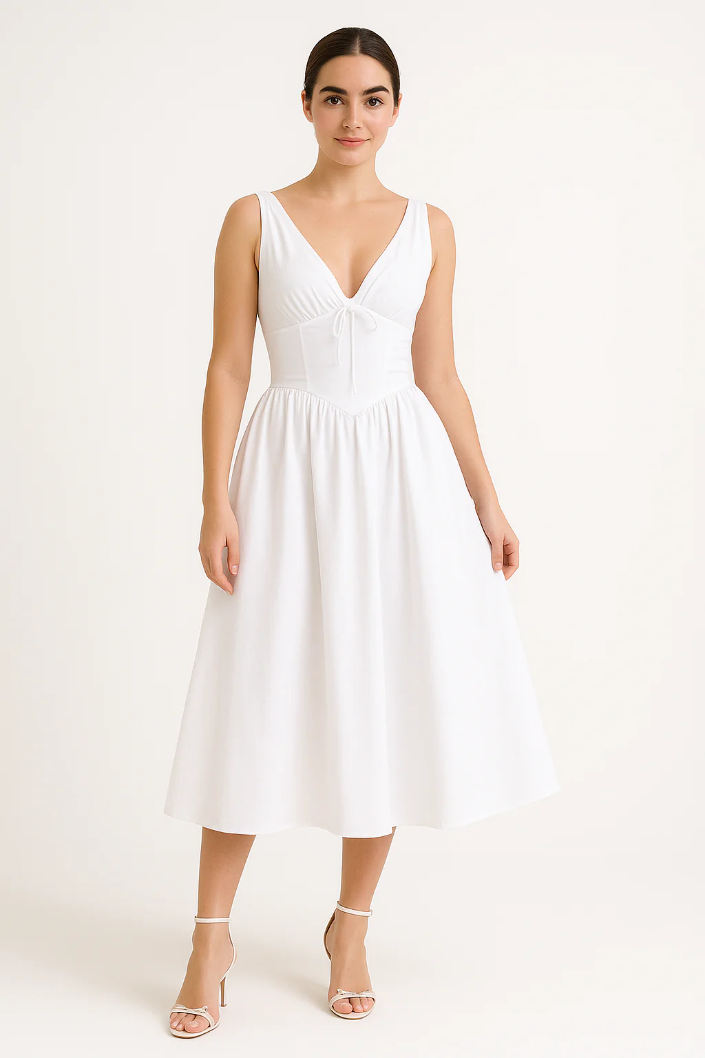 Women's midi dress – A-line fit – V-neck – Spaghetti straps – Cotton look – Floral print - Image 6