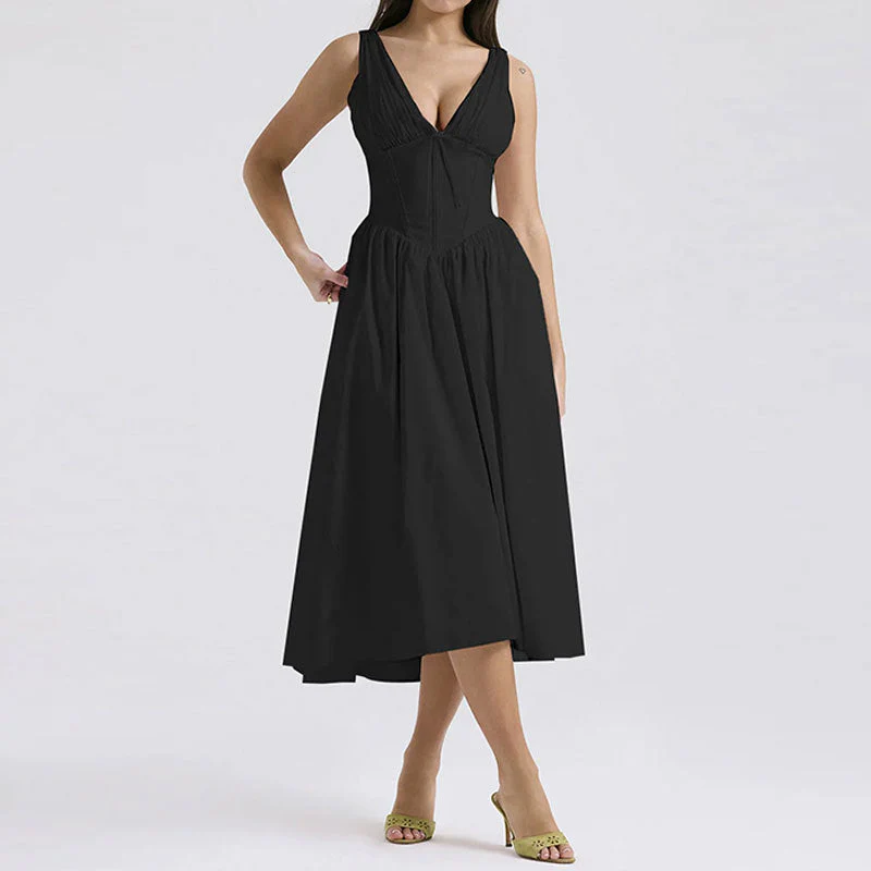 Women's midi dress – A-line fit – V-neck – Spaghetti straps – Cotton look – Floral print - Image 9