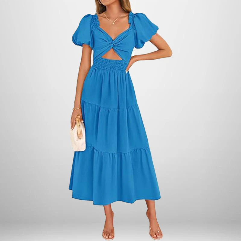 Women's Midi Dress – A-line – Smocked Waist – Puff Sleeves – V-neck – Cotton Blend - Image 2