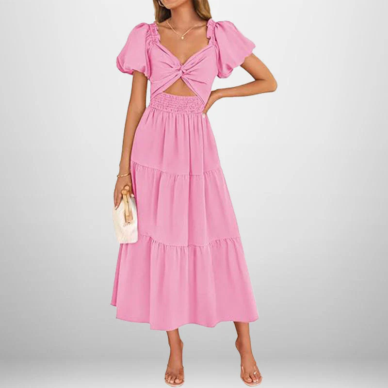 Women's Midi Dress – A-line – Smocked Waist – Puff Sleeves – V-neck – Cotton Blend - Image 3