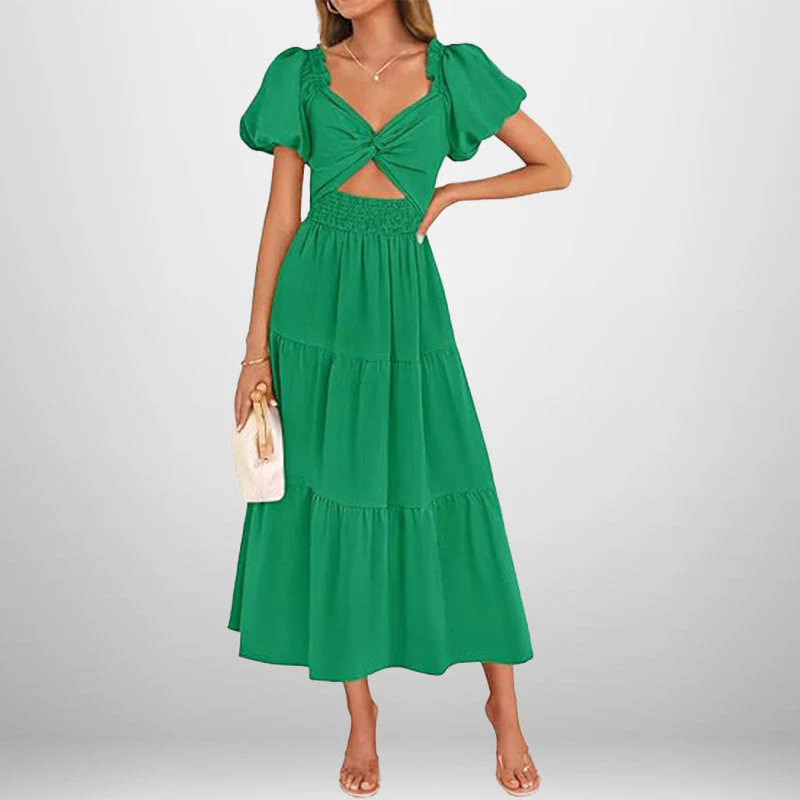 Women's Midi Dress – A-line – Smocked Waist – Puff Sleeves – V-neck – Cotton Blend - Image 4