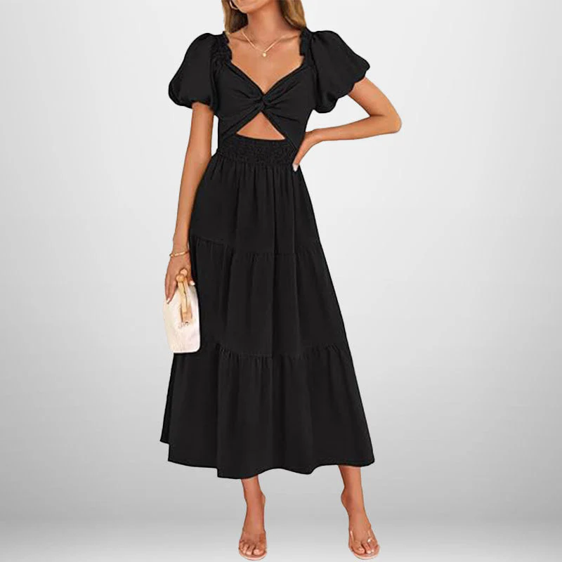 Women's Midi Dress – A-line – Smocked Waist – Puff Sleeves – V-neck – Cotton Blend - Image 5