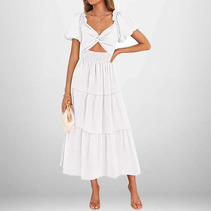 Women's Midi Dress – A-line – Smocked Waist – Puff Sleeves – V-neck – Cotton Blend - Image 6