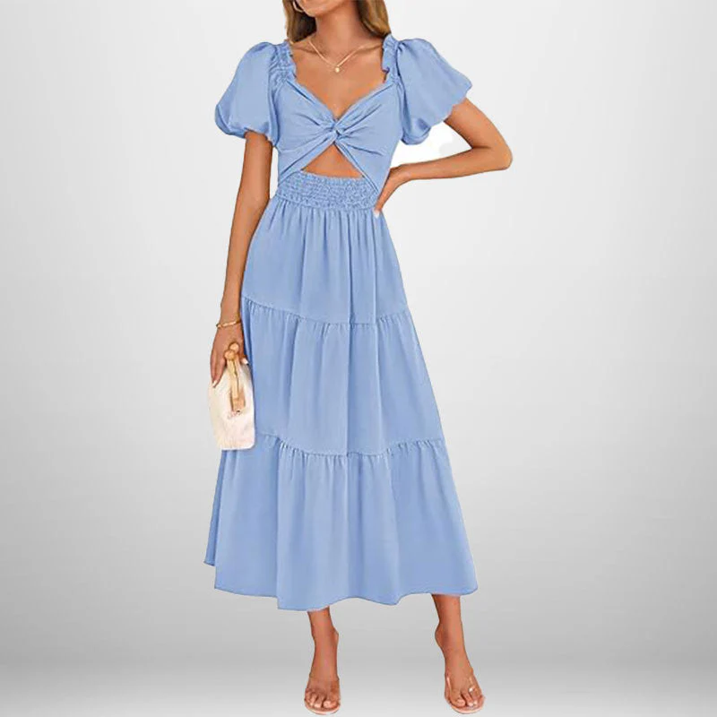 Women's Midi Dress – A-line – Smocked Waist – Puff Sleeves – V-neck – Cotton Blend - Image 7