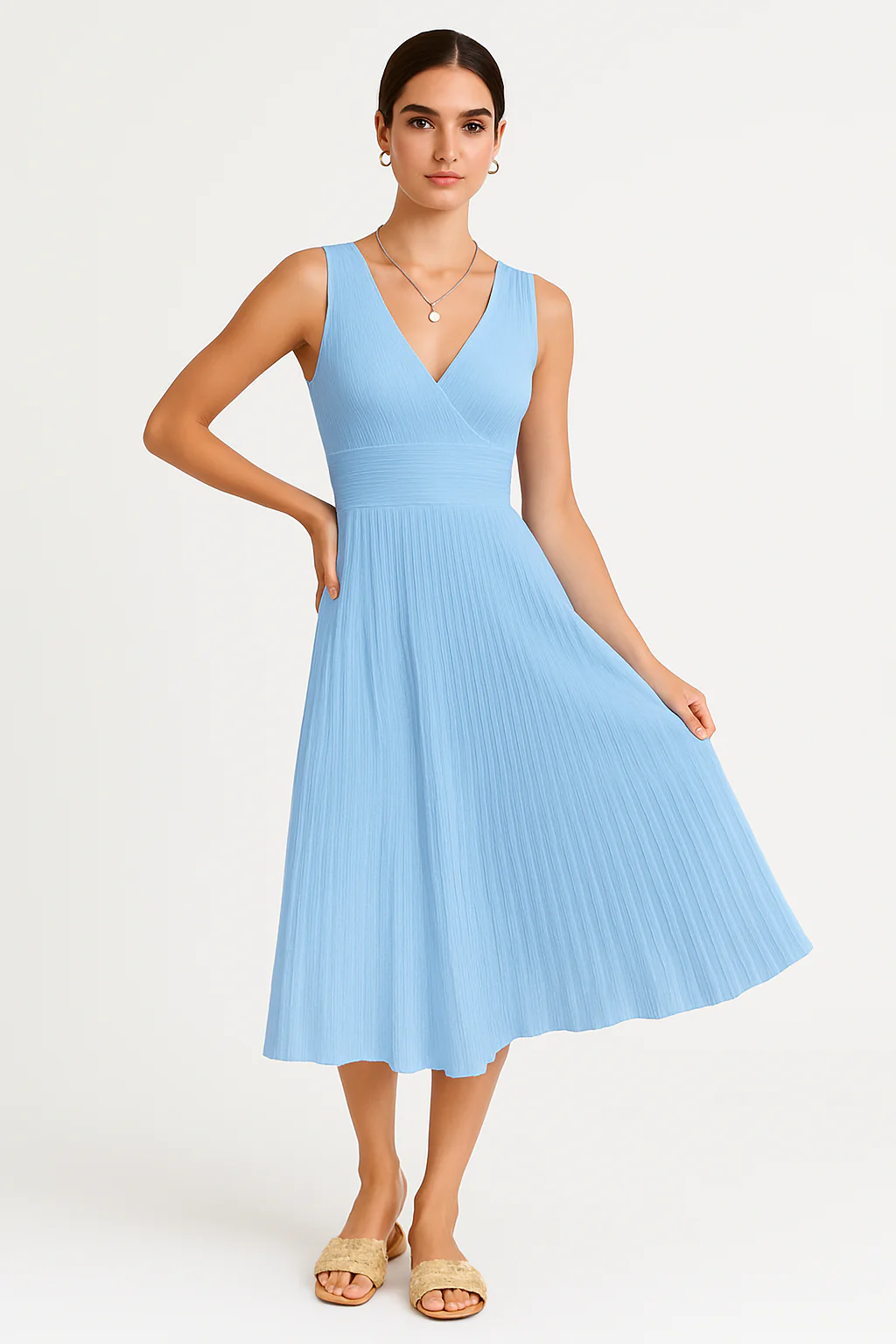 Ladies midi dress – A-line – V-neck – Sleeveless – High waist – Soft knit - Image 2
