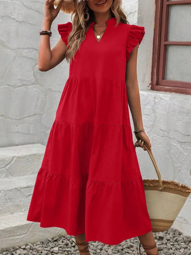 Women's Midi Dress – A-line – V-neck – Ruffles – Breathable – Relaxed Fit - Image 10